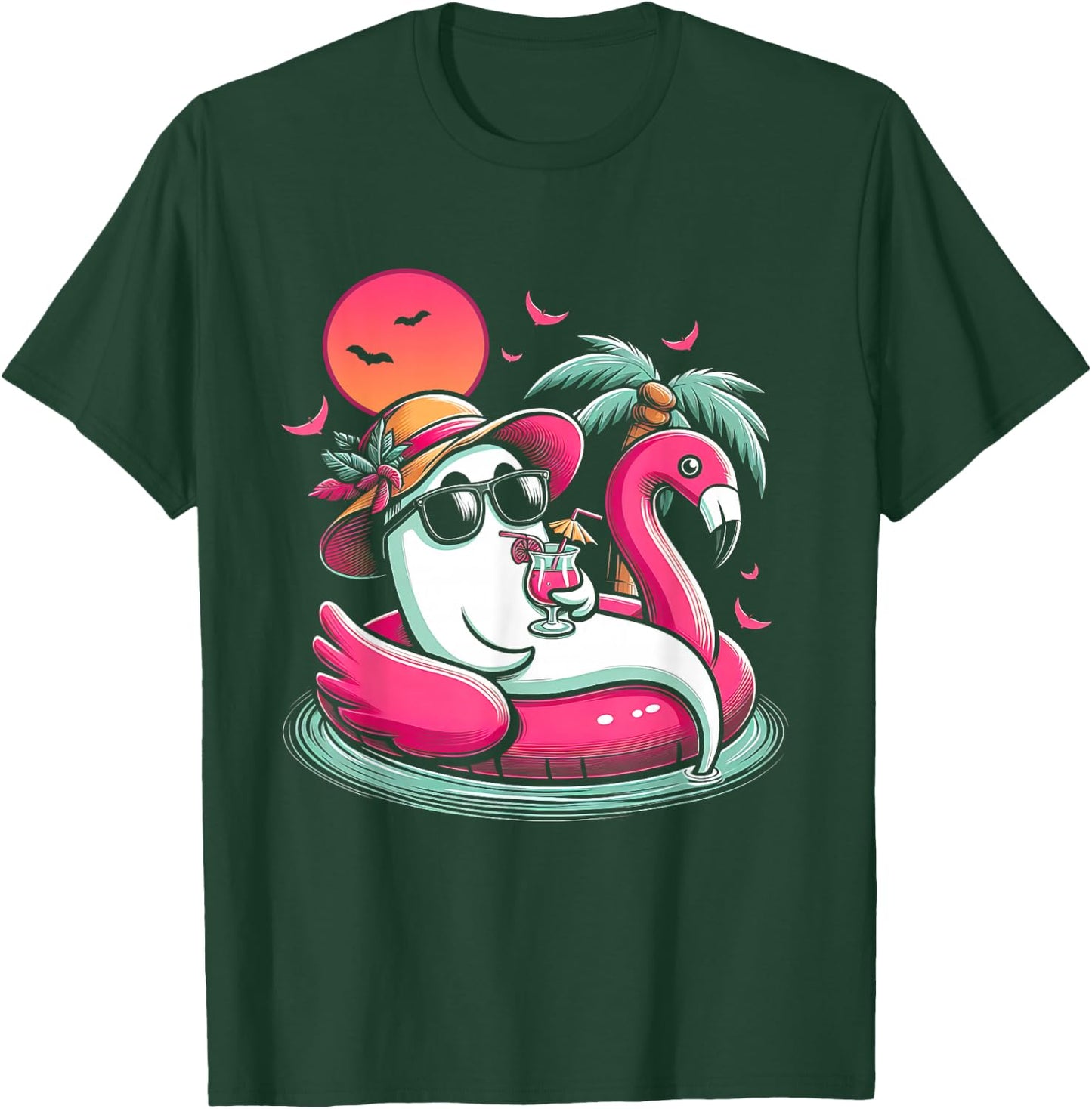 Ghost In Lifebuoy Flamingo On A Pool Float Summer ween T-Shirt - T-Shirt | Forest