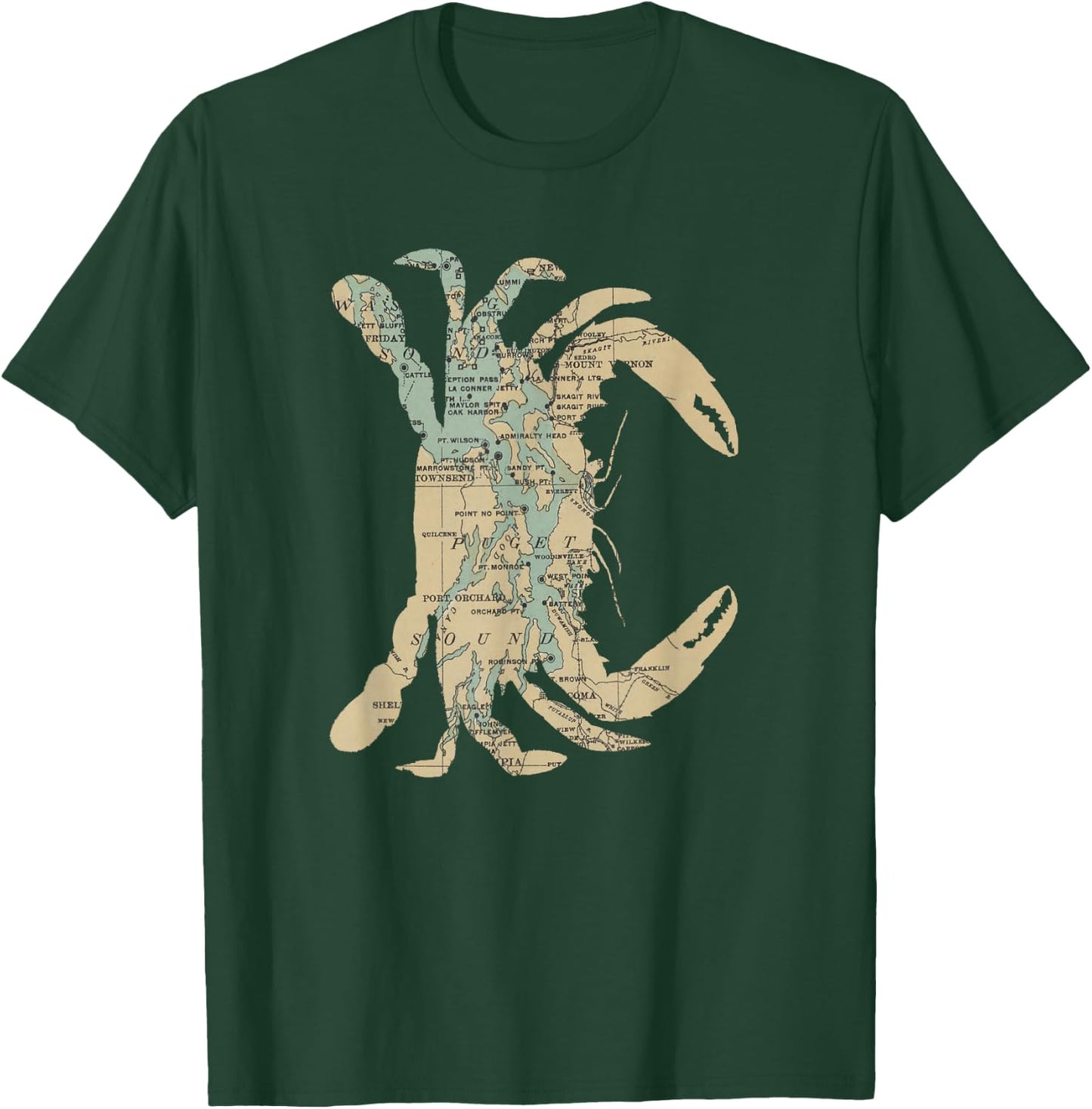 Puget Sound Washington State Crab Silhouette Map T-Shirt - T-Shirt | Forest