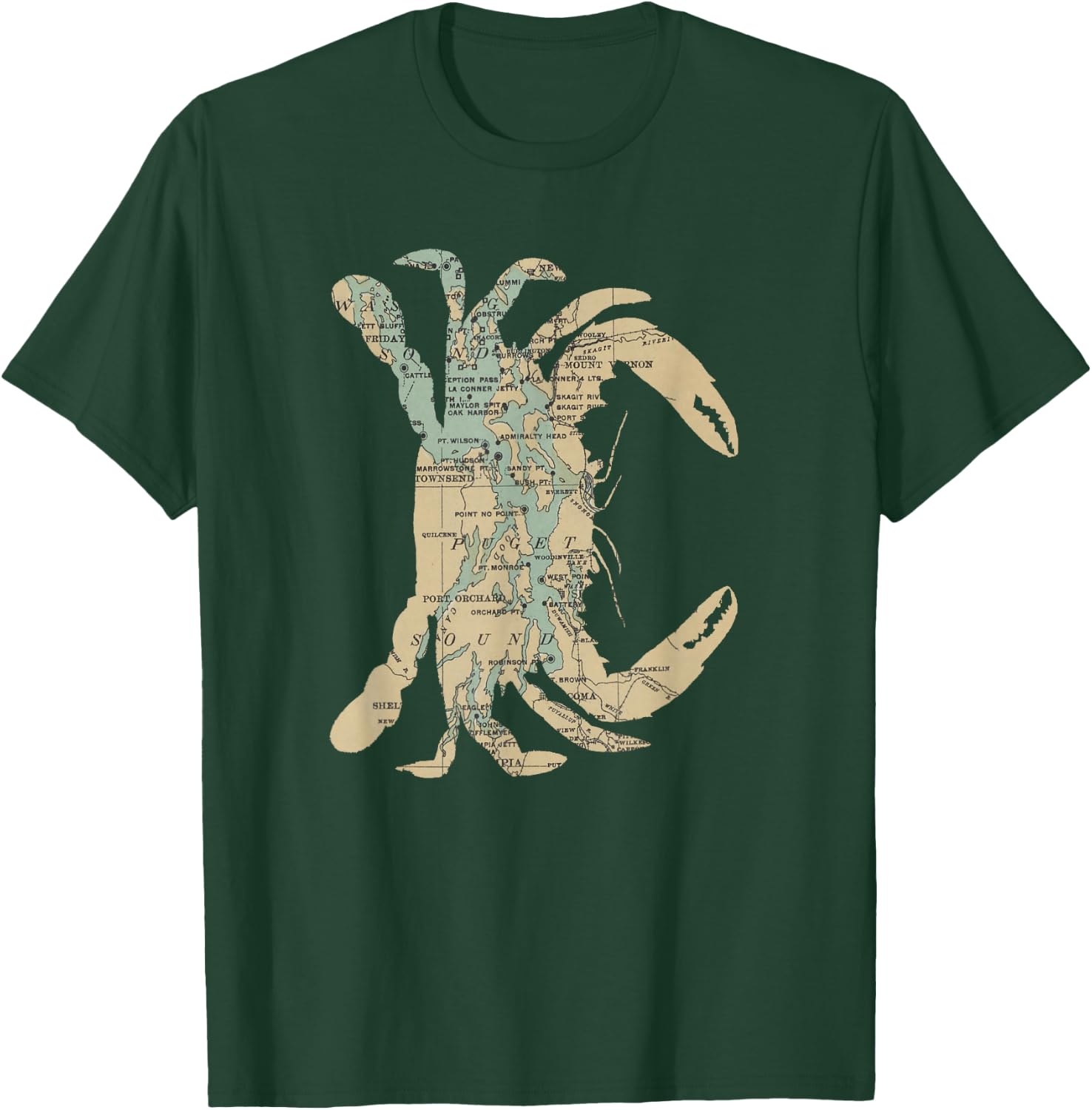 Puget Sound Washington State Crab Silhouette Map T-Shirt - T-Shirt | Forest