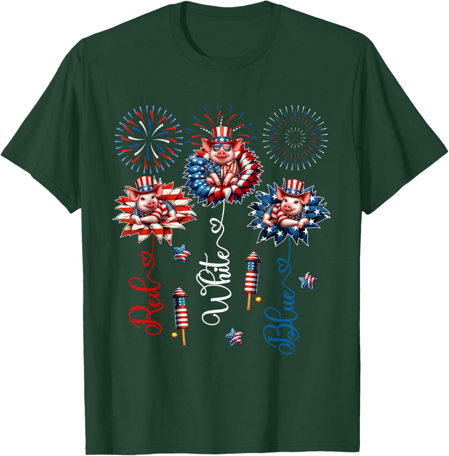 Red Blue White Three Cute Pigs On Floral 4th July Patriotic T-Shirt - T-Shirt | Forest