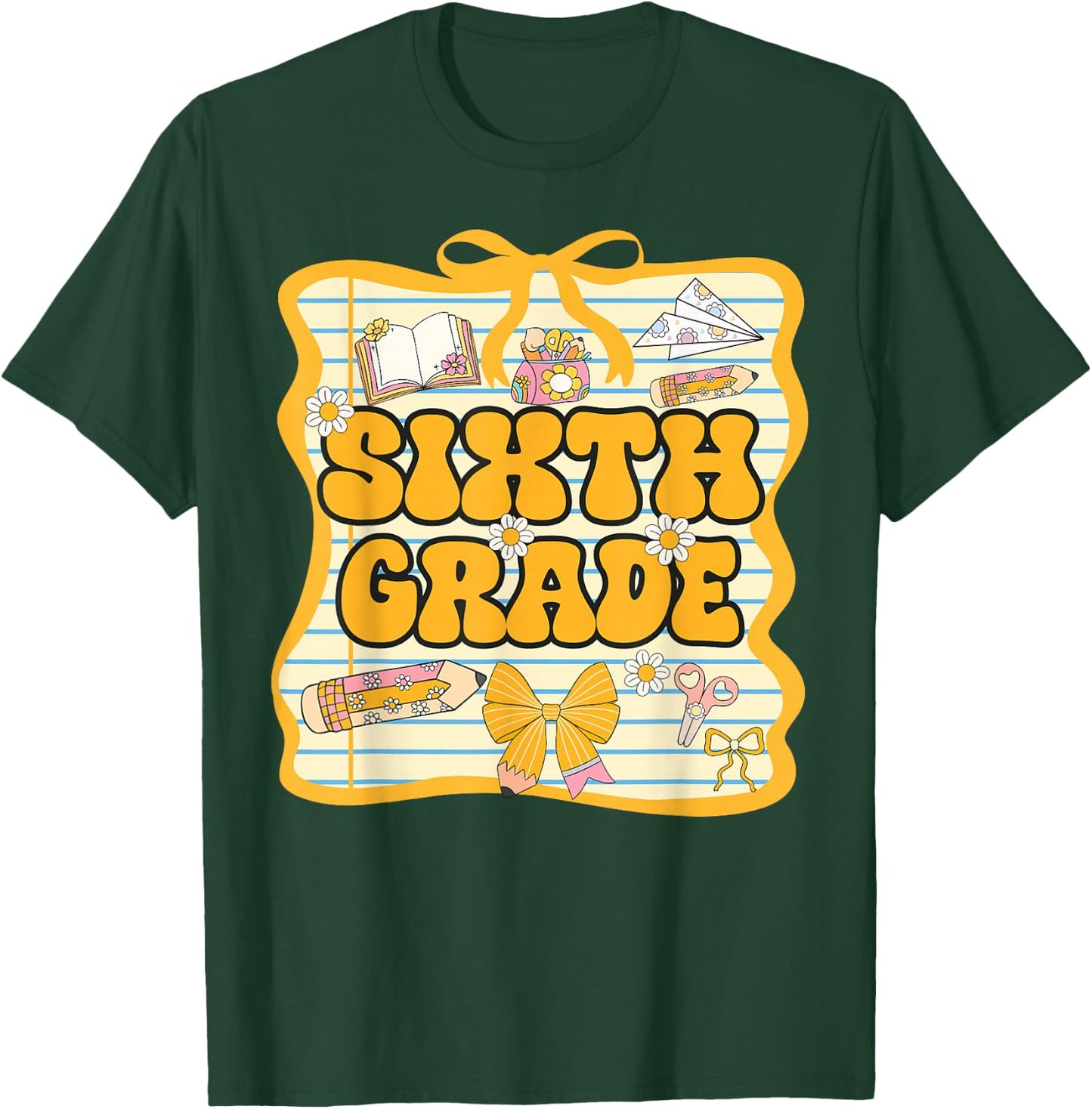 Sixth Grade Back To School Kids Girls Bow 6th Grade Groovy T-Shirt - T-Shirt | Forest