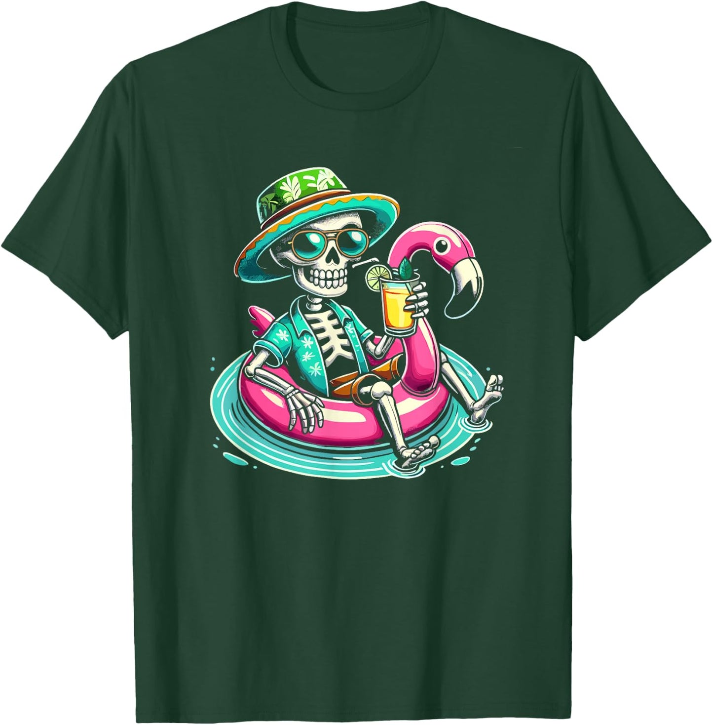 Skeleton Relaxing On Flamingo Float Beach Vibes Halloween Women Kids T-Shirt - T-Shirt | Forest