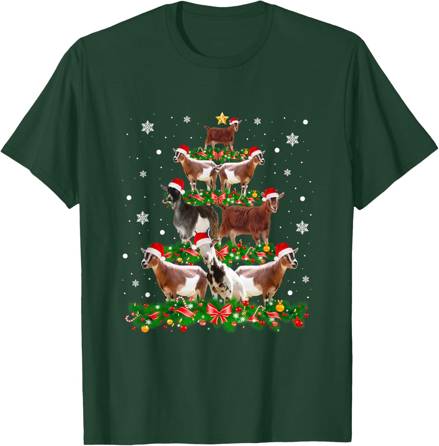 Goat Christmas Pajama Shirt Xmas Goats Tree Lights Santa Hat T-Shirt - T-Shirt | Forest