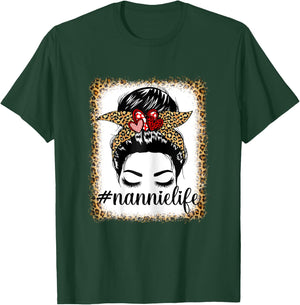 Leopard Nannie Life Messy Bun Bleaches Mother's Day Nannie T-Shirt - T-Shirt | Forest