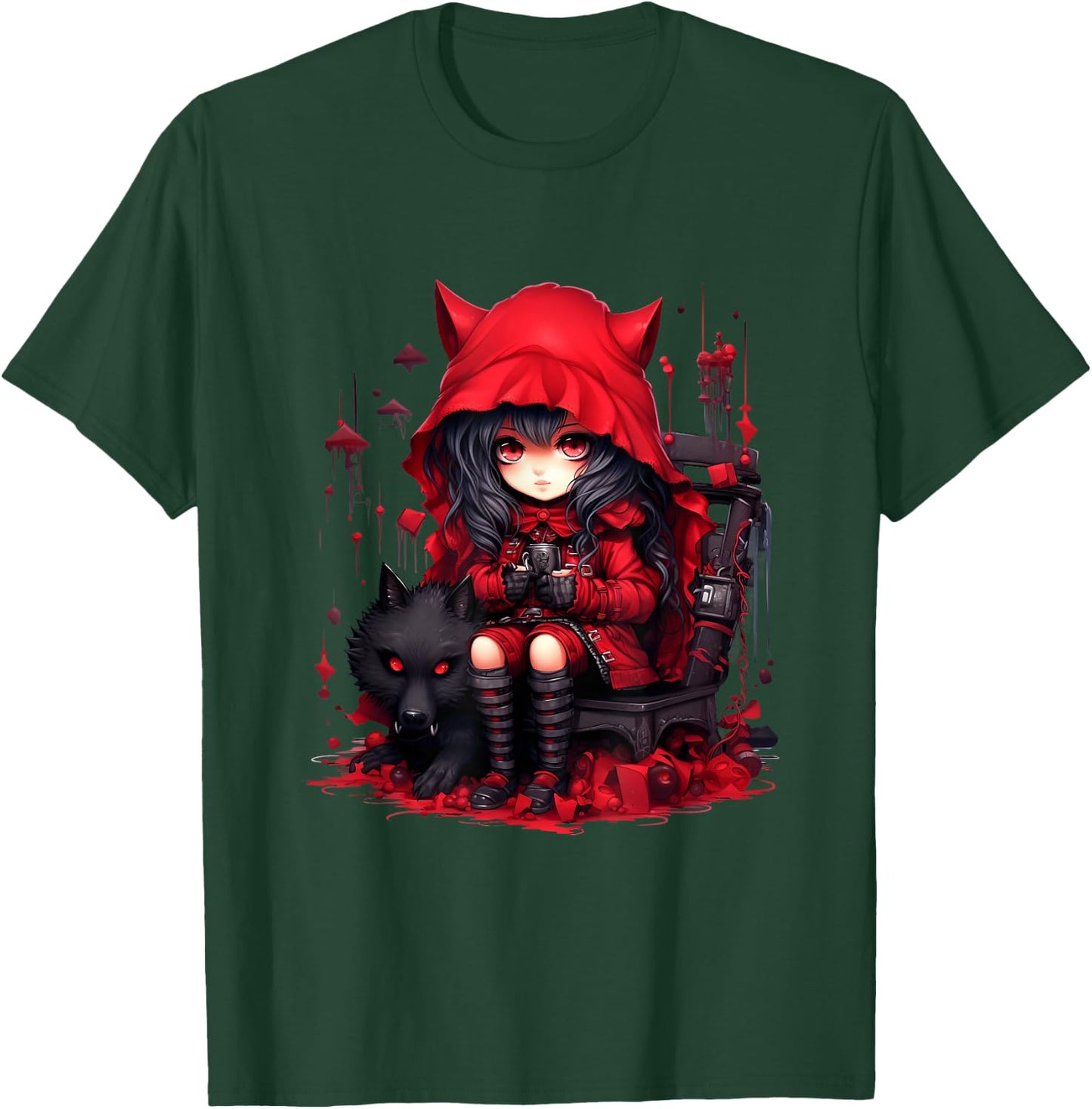 Chibi Little Red Riding Hood and Bad Wolf | Anime Kawaii Style , Black T-Shirt - T-Shirt | Forest