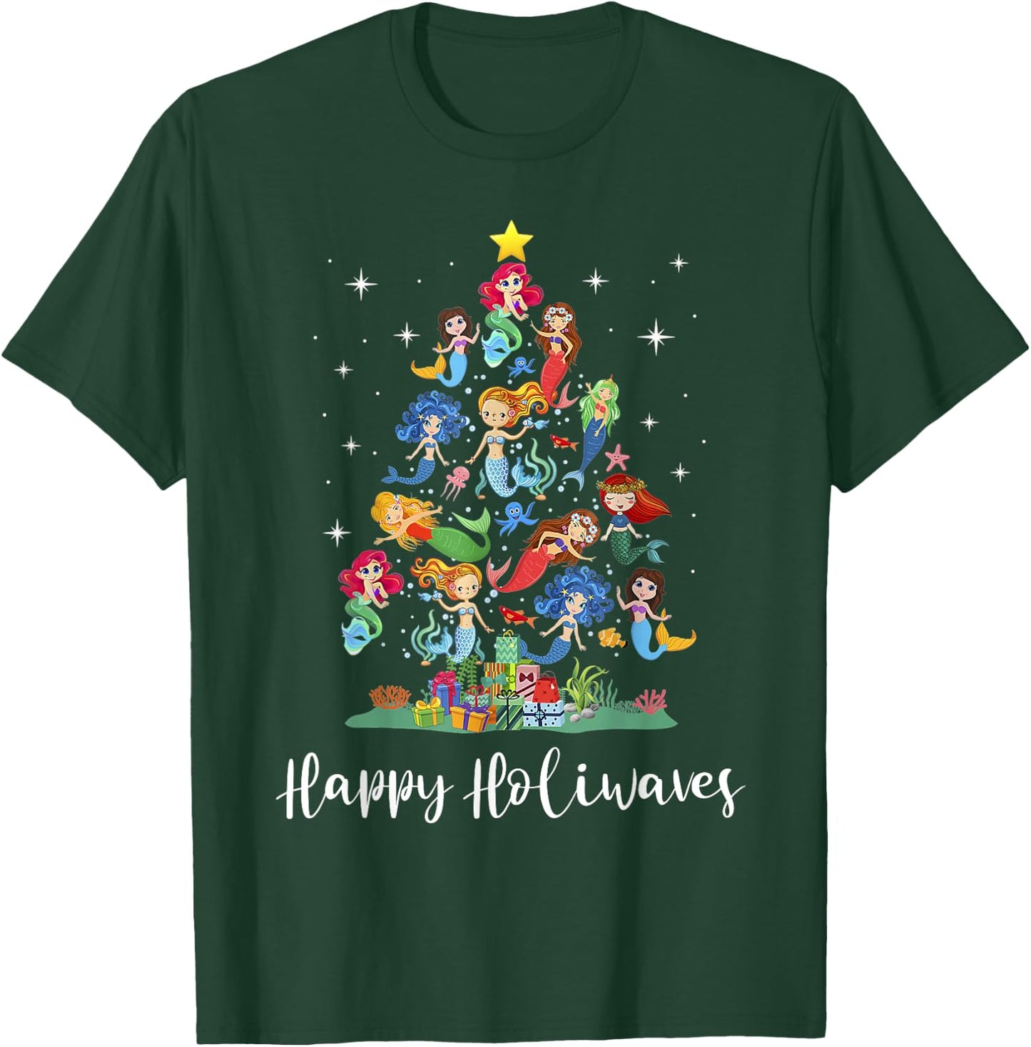 Mermaid Christmas Tree Happy Holiwaves Mermaid Lover Women T-Shirt - T-Shirt | Forest