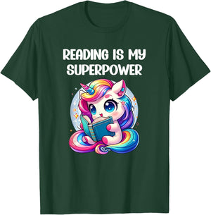 Kawaii Unicorn Reading Is My Super Power Kids T-Shirt - T-Shirt | Forest