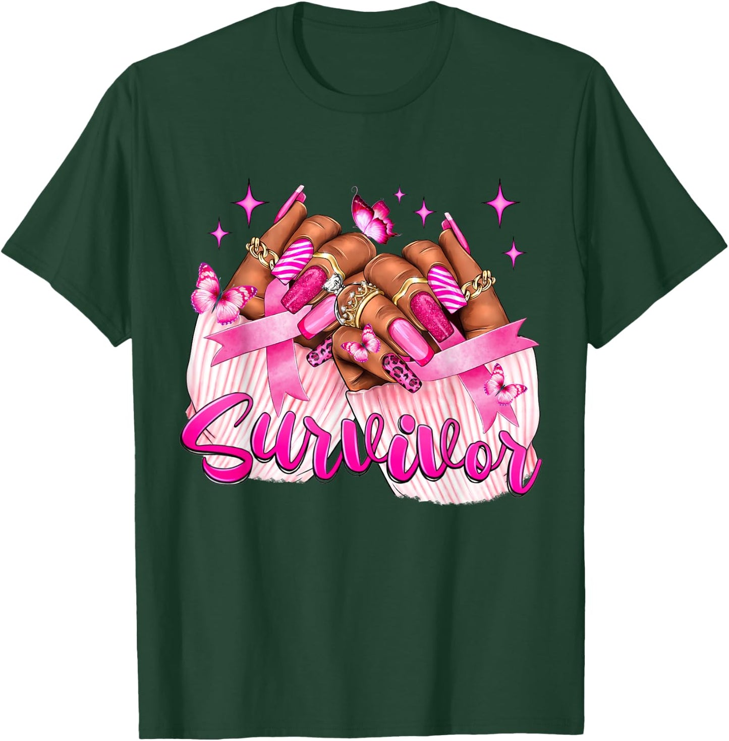 Breast Cancer Survivor Awareness Black Woman Nails Pink T-Shirt - T-Shirt | Forest