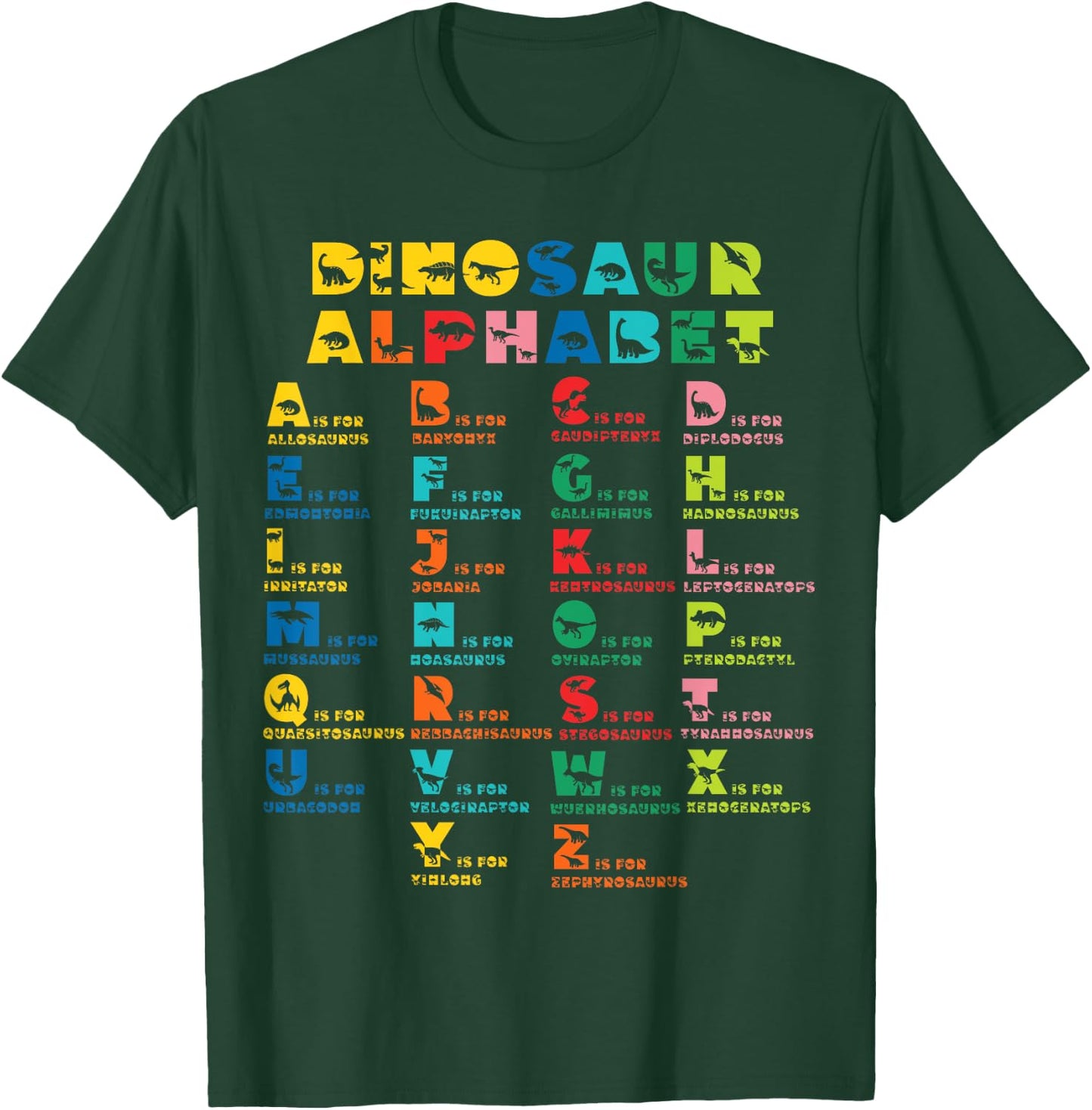 Types Of Dinosaurs Alphabet A-Z ABC Dino Identification kids T-Shirt - T-Shirt | Forest