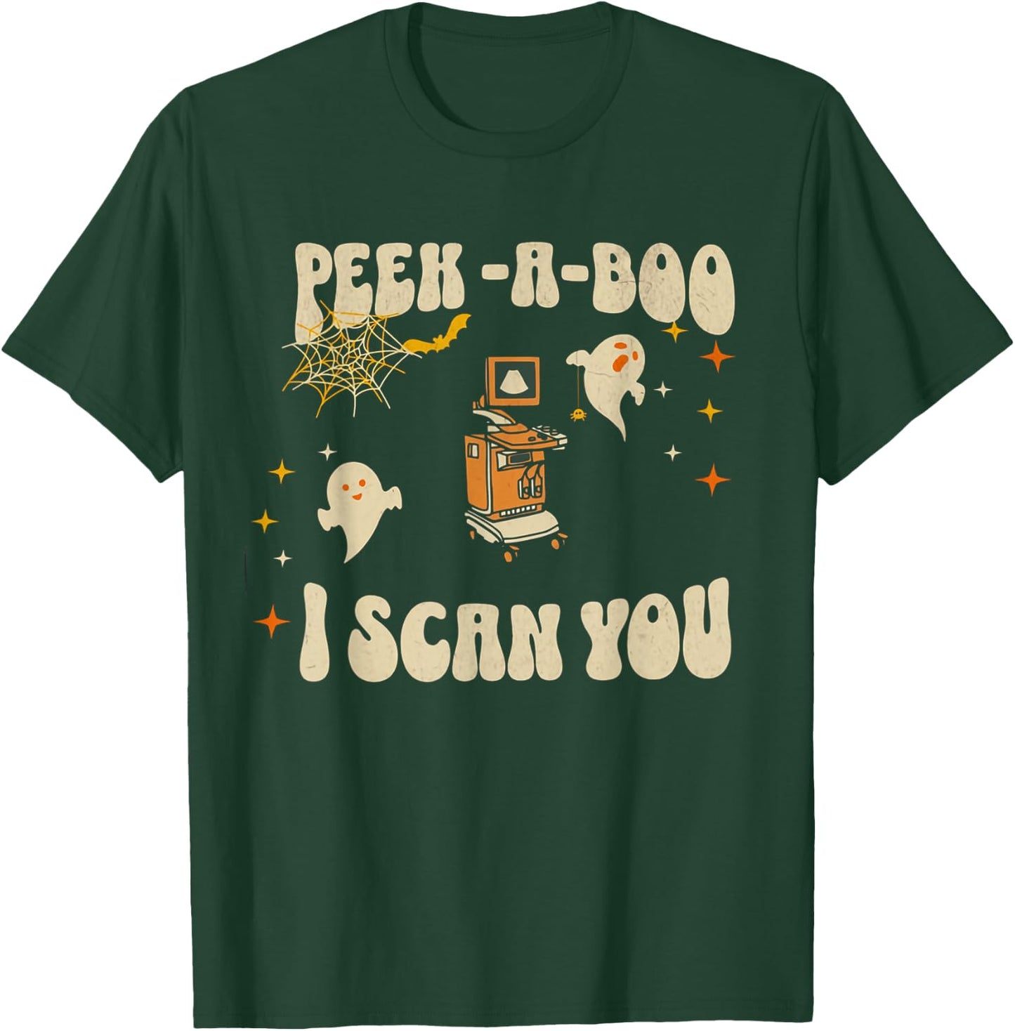 Retro Ultrasound Peek-A-Boo Halloween Ghost Sonography Crew T-Shirt - T-Shirt | Forest