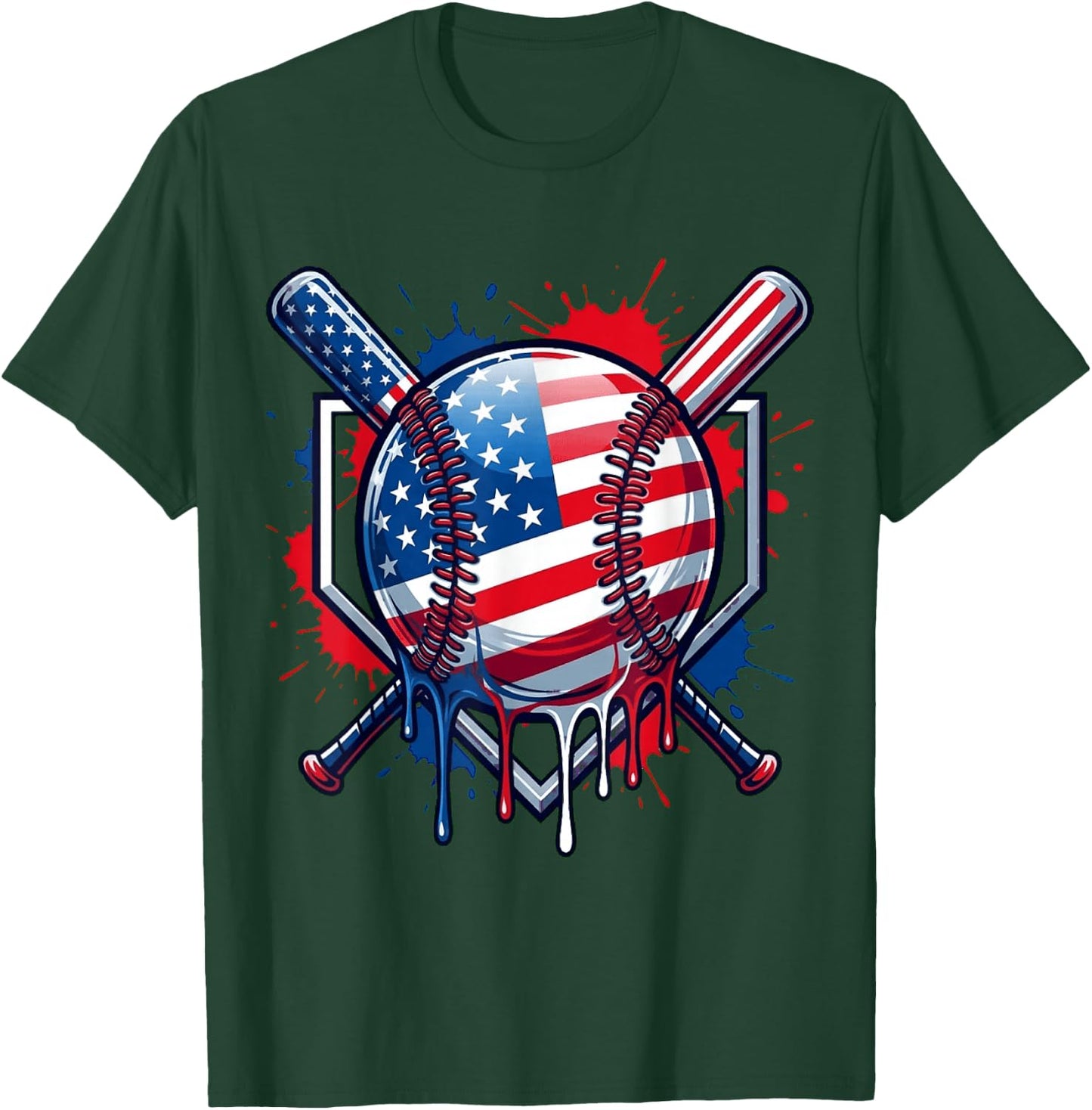 Baseball Drip American Flag Men Women Kids Youth 4th of July T-Shirt - T-Shirt | Forest