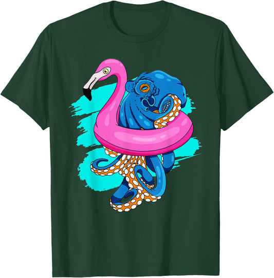 Blue Octopus In Pink Flamingo Swimming Pool Fun Octopus T-Shirt - T-Shirt | Forest