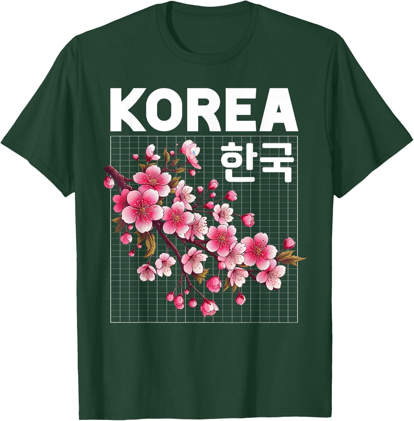 Korea Cherry Blossom Flowers Hangul Letters Grid Aesthetic T-Shirt - T-Shirt | Forest