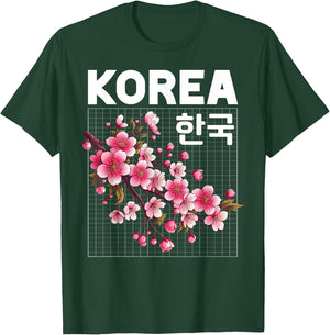 Korea Cherry Blossom Flowers Hangul Letters Grid Aesthetic T-Shirt - T-Shirt | Forest