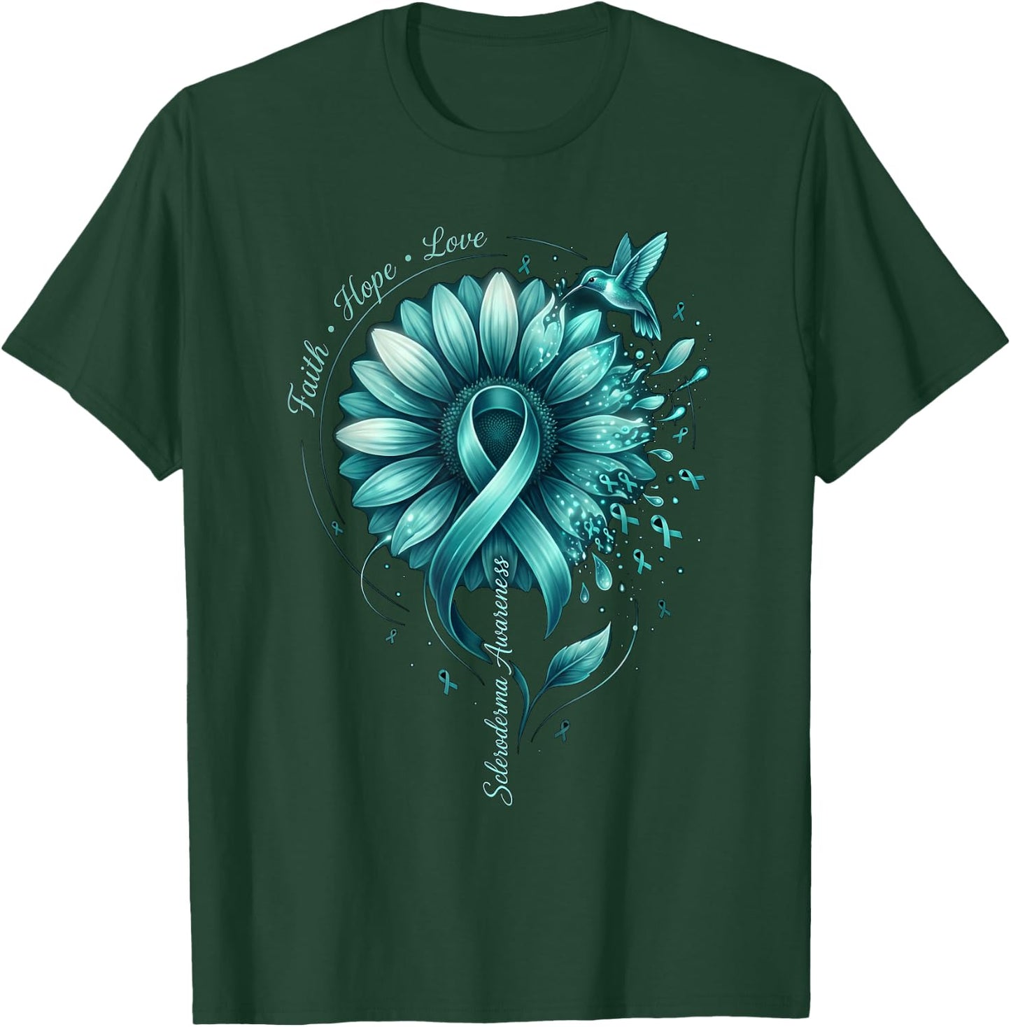 Teal Ribbon Hummingbird Scleroderma Awareness Sunflower T-Shirt - T-Shirt | Forest
