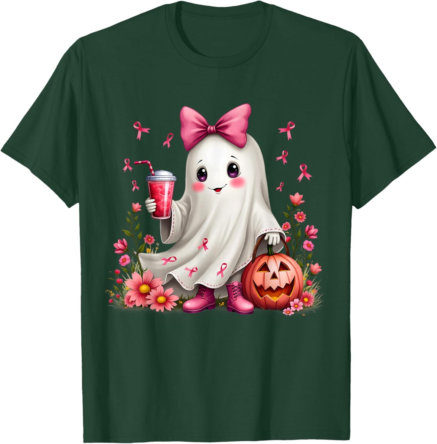 In October We Wear Pink Ghost Breast Cancer Awareness T-Shirt - T-Shirt | Forest