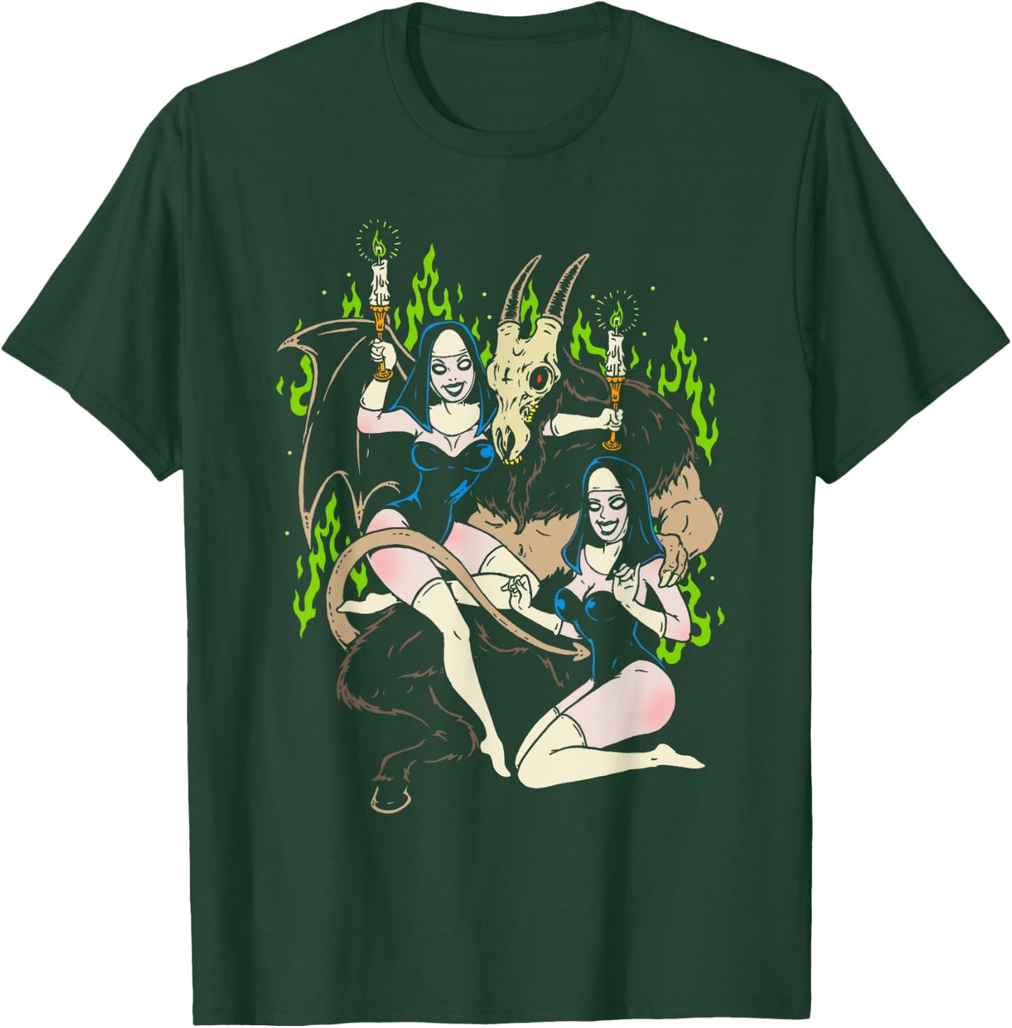 Baphomet Occult Goat Man Demon with Sexy Nuns T-Shirt - T-Shirt | Forest