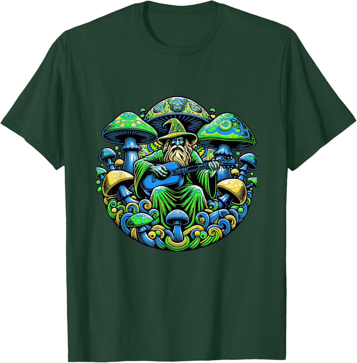 Psychedelic Trippy Rave Colourful Mushroom Guitar and Wizard T-Shirt - T-Shirt | Forest