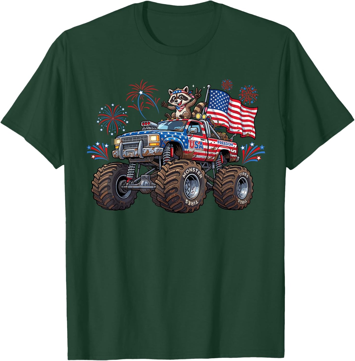 Monster Truck Raccoon USA Patriotic Shirt Men 4th of July T-Shirt - T-Shirt | Forest