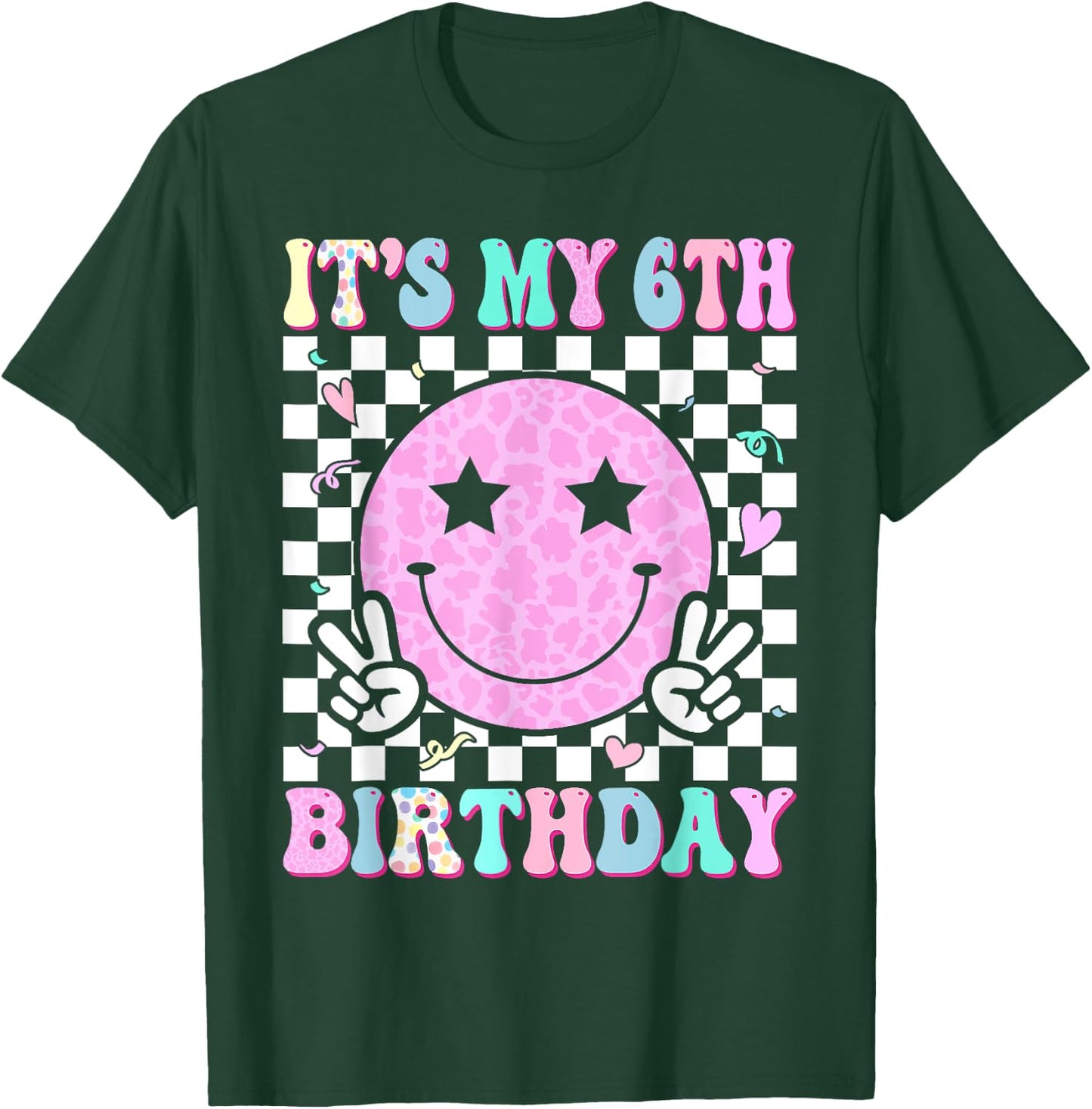 Groovy Hippie Smile Face It's My 6th Birthday 6 Years Old T-Shirt - T-Shirt | Forest