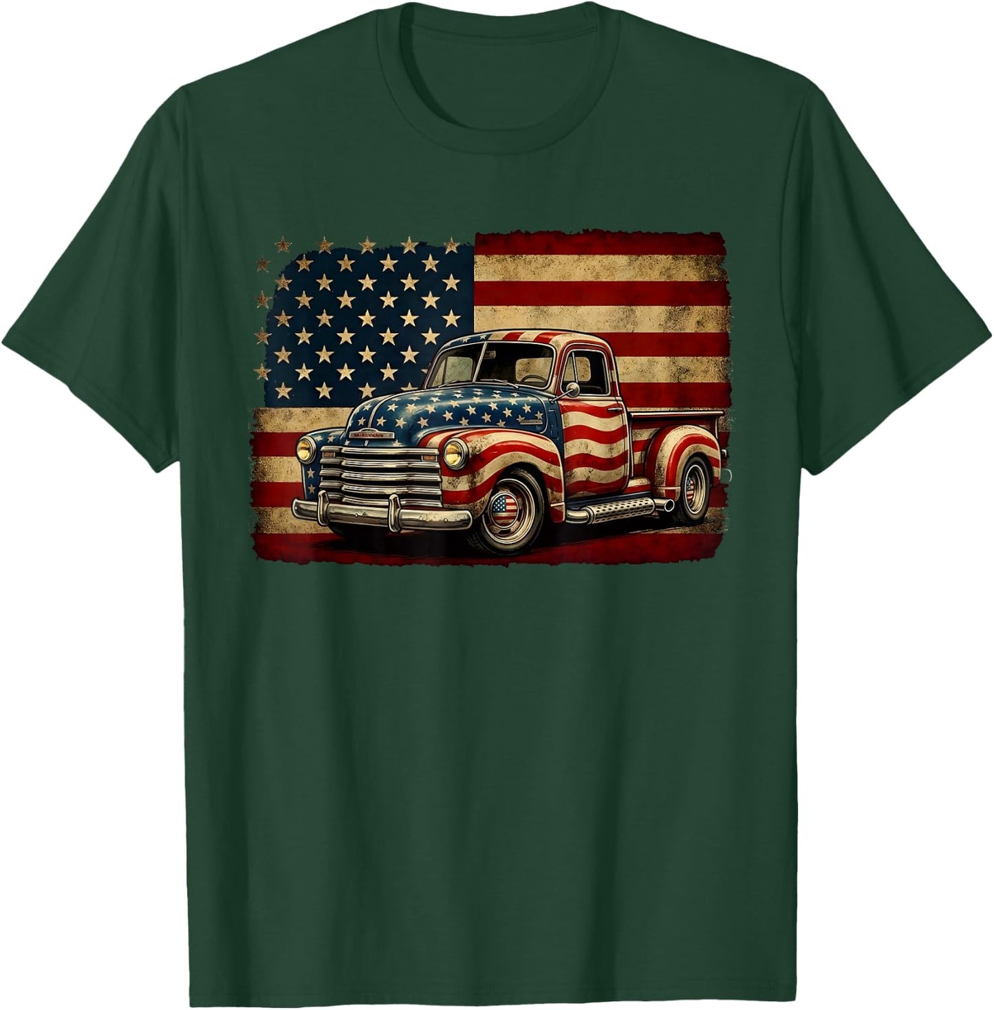 Classic Old Pickup Truck 4th of July Patriotic American Flag T-Shirt - T-Shirt | Forest