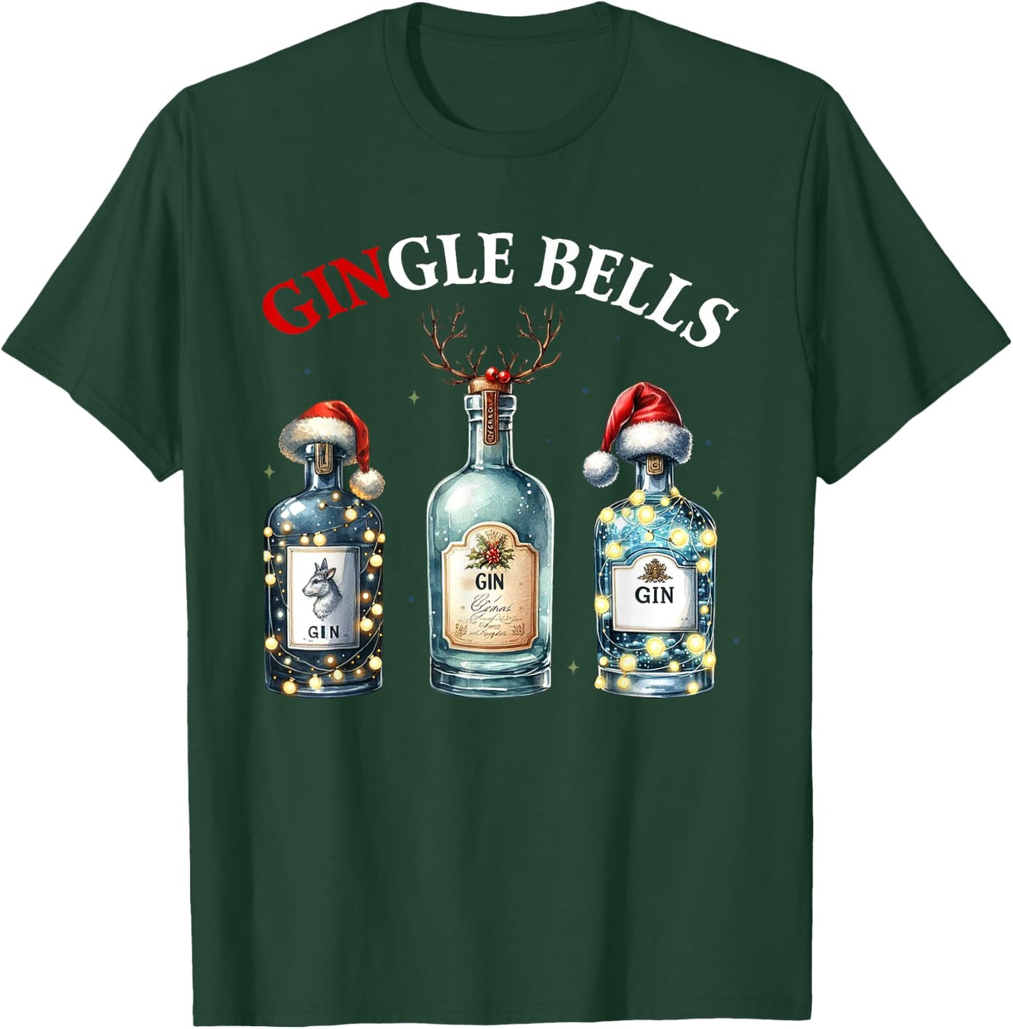 Gingle Bells Gin Christmas Lovers Reindeer Antlers Gin Drink T-Shirt - T-Shirt | Forest