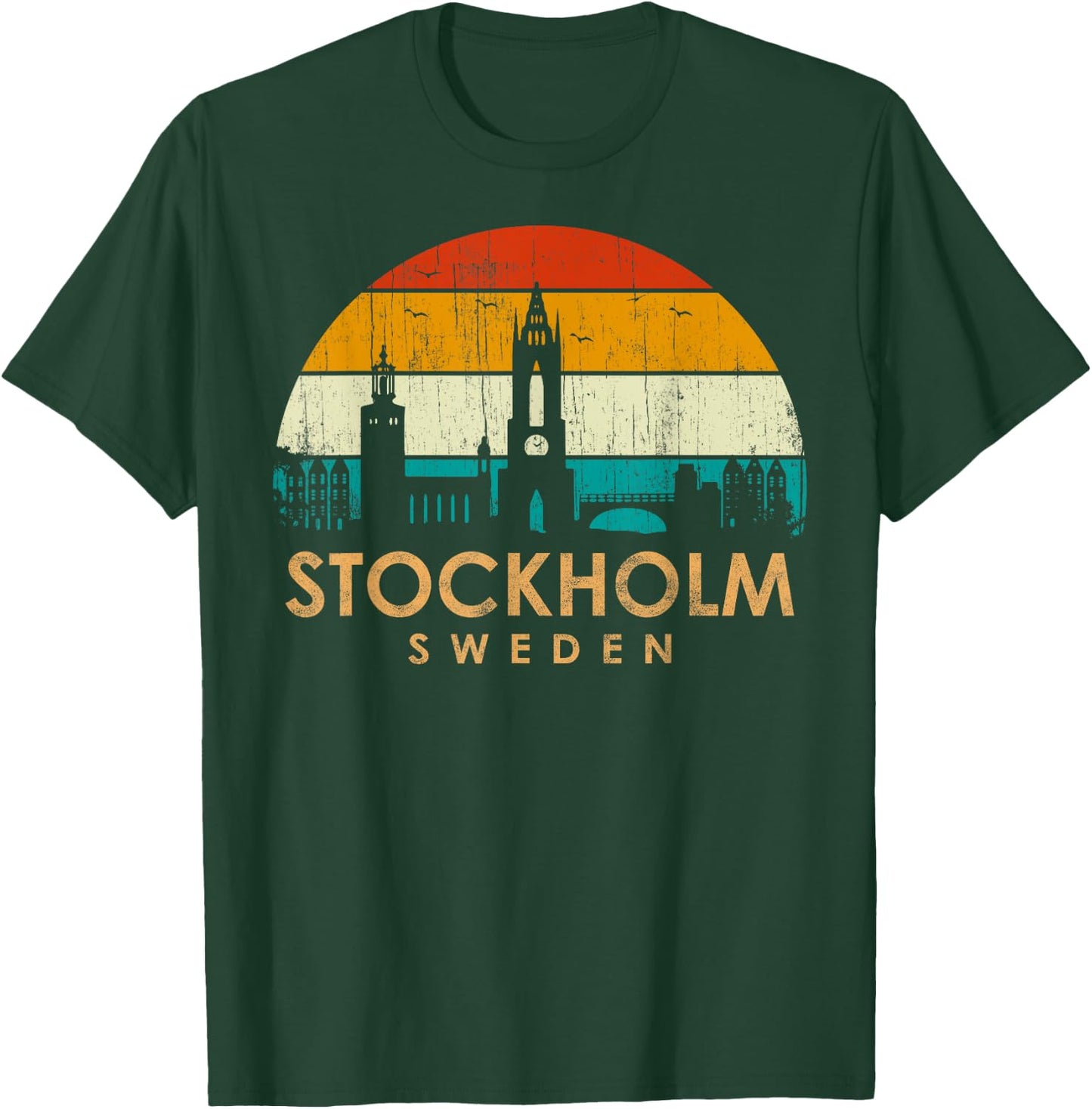 Vintage Retro Style Landscape Sun Skyline Stockholm Sweden T-Shirt - T-Shirt | Forest