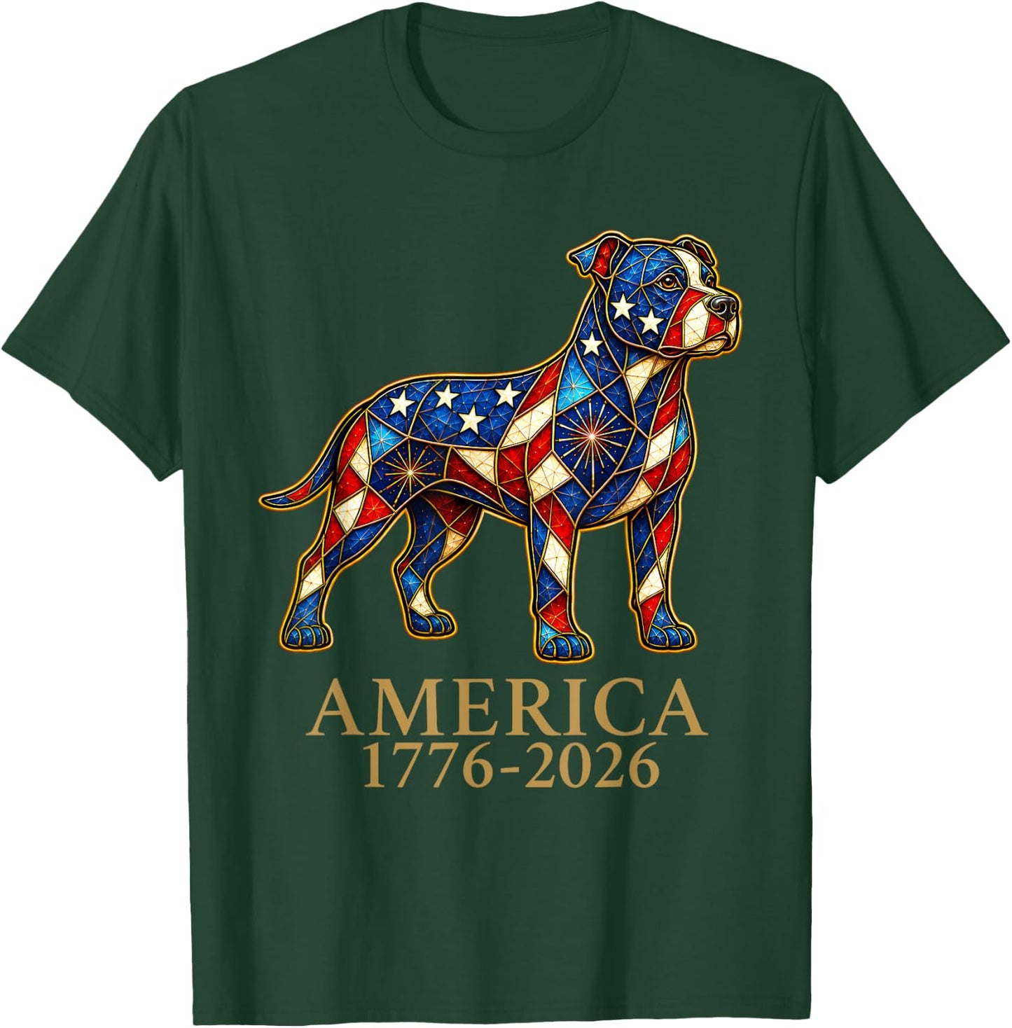 America 1776-2026 Pit Bull Patriotic US Flag USA Anniversary T-Shirt - T-Shirt | Forest