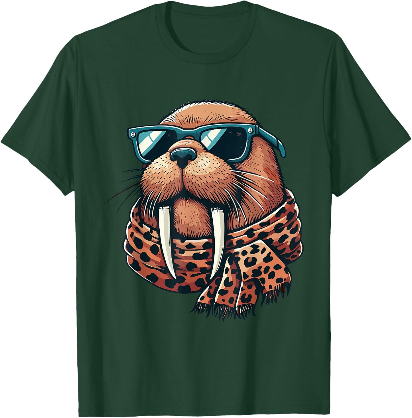 Walrus Wearing Leopard Scarf Animal Wearing Sunglasses T-Shirt - T-Shirt | Forest