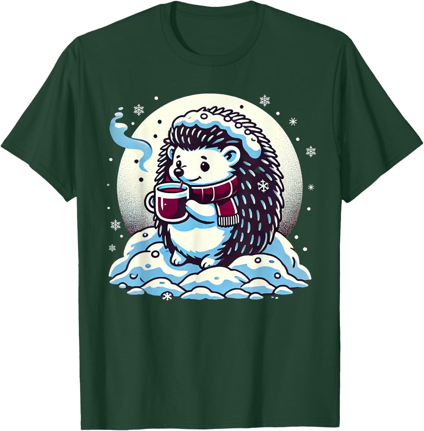 Hedgehog Enjoying Hot Chocolate In Snowy Winter T-Shirt - T-Shirt | Forest