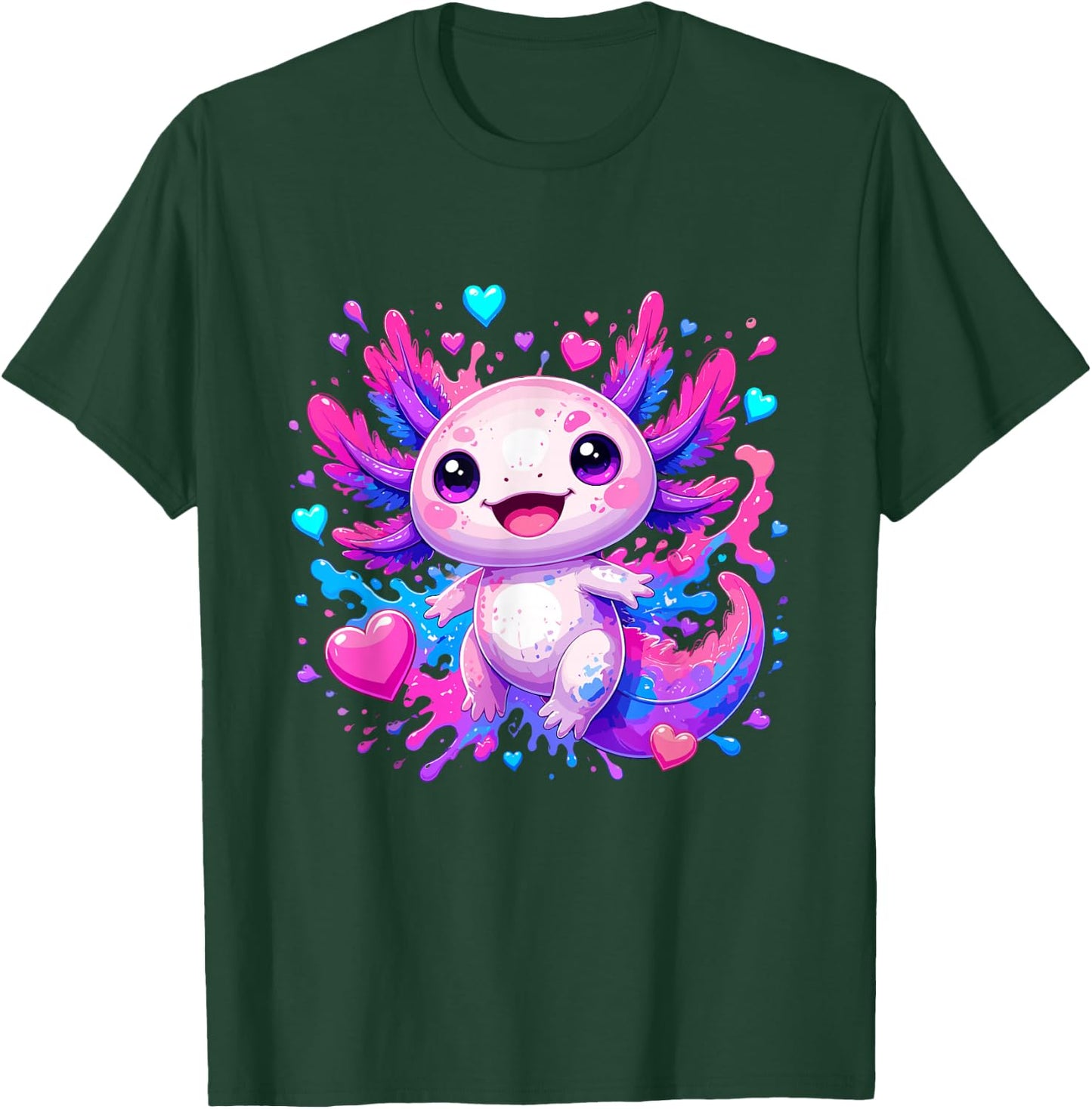 Cute Kawaii Axolotl with Colorful Hearts Splash T-Shirt - T-Shirt | Forest