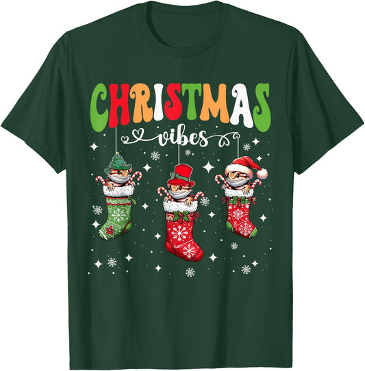 Cute Bearded Dragon In Xmas Socks Funny Christmas Lizard PJ T-Shirt - T-Shirt | Forest
