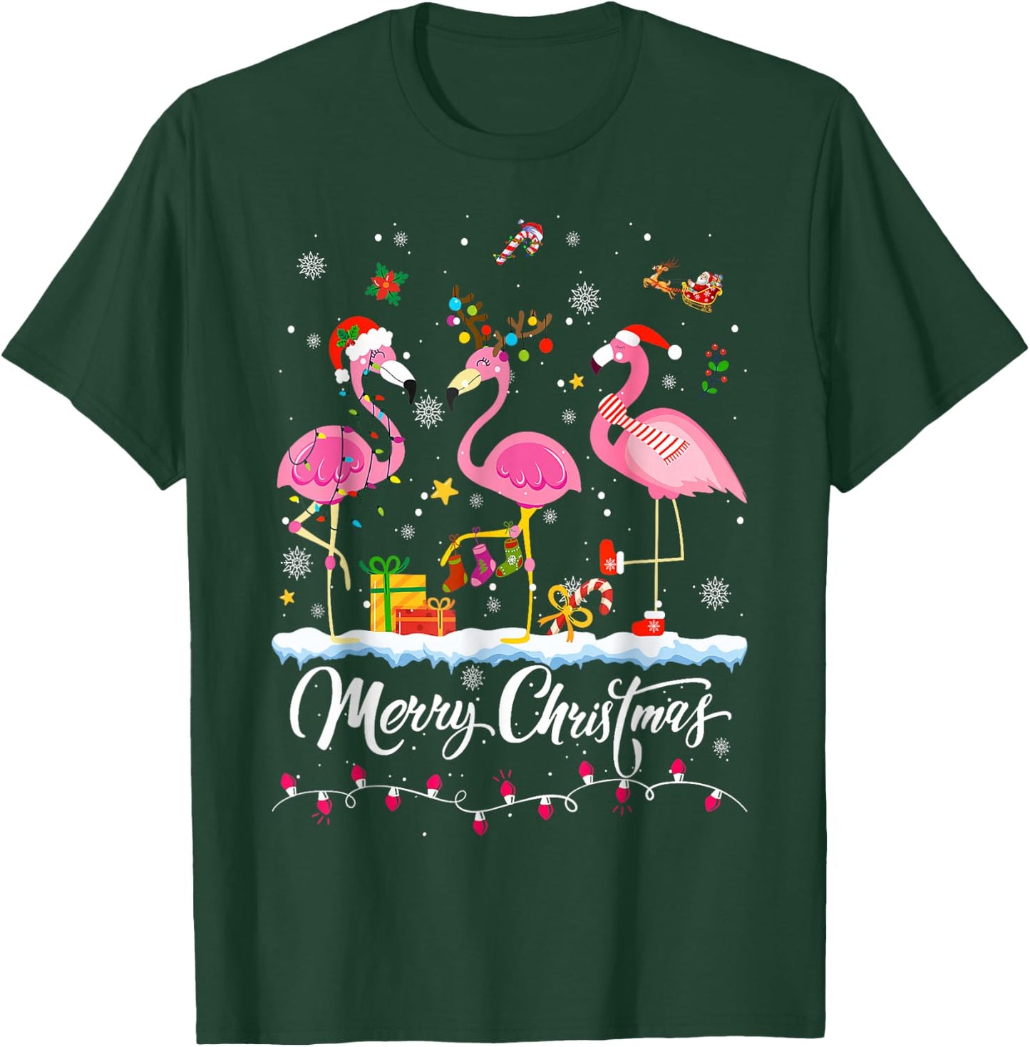 Merry Christmas Hat Santa Flamingo Light Christmas Snow T-Shirt - T-Shirt | Forest