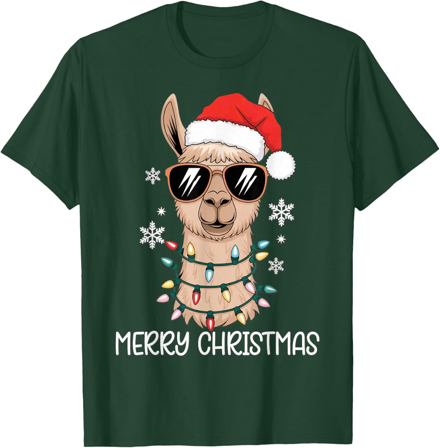 Merry Christmas Santa Llama with Holiday Lights Xmas T-Shirt - T-Shirt | Forest
