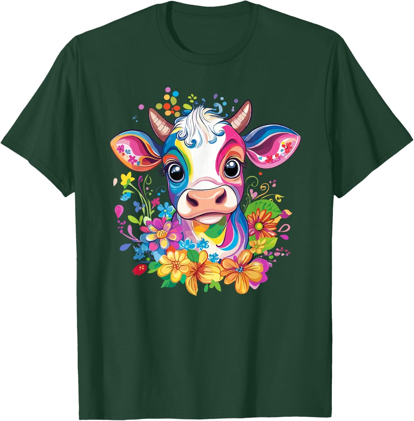 Rainbow Cow Surrounded By Flowers T-Shirt - T-Shirt | Forest