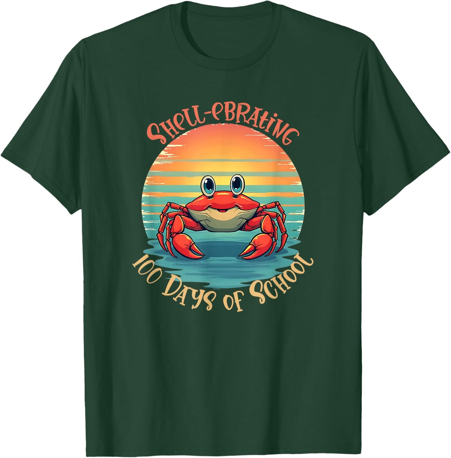 Retro 100 Days of School Crab Vintage Sunset Design T-Shirt - T-Shirt | Forest