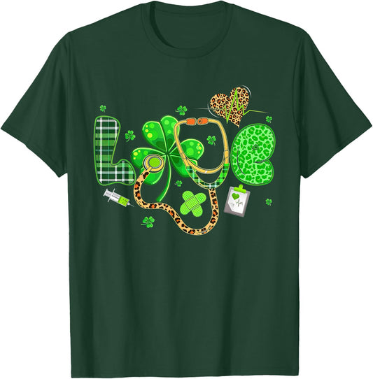 LOVE Nurse Leopard Stethoscope Shamrock St Patricks Day T-Shirt - T-Shirt | Forest