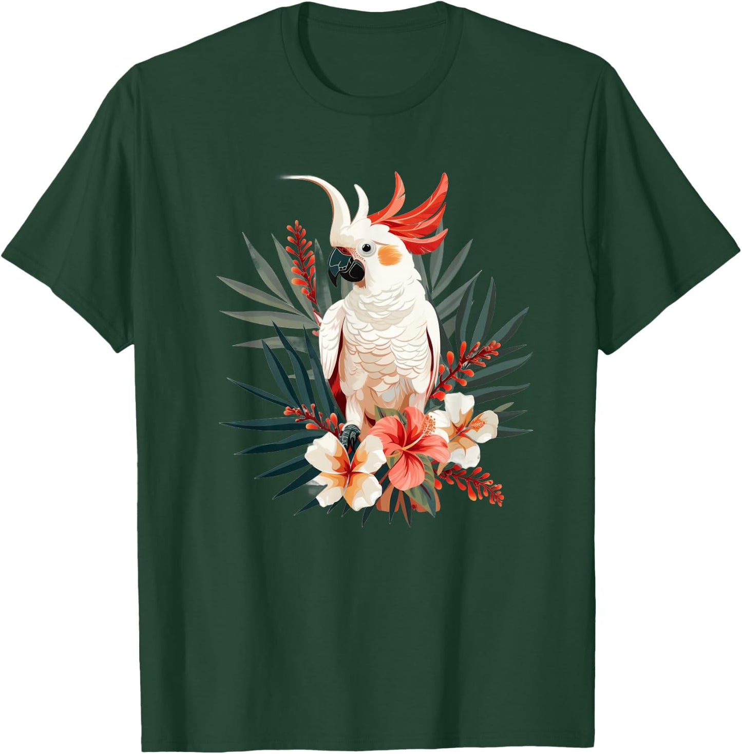 Moluccan Cockatoo With Tropical Flowers T-Shirt - T-Shirt | Forest