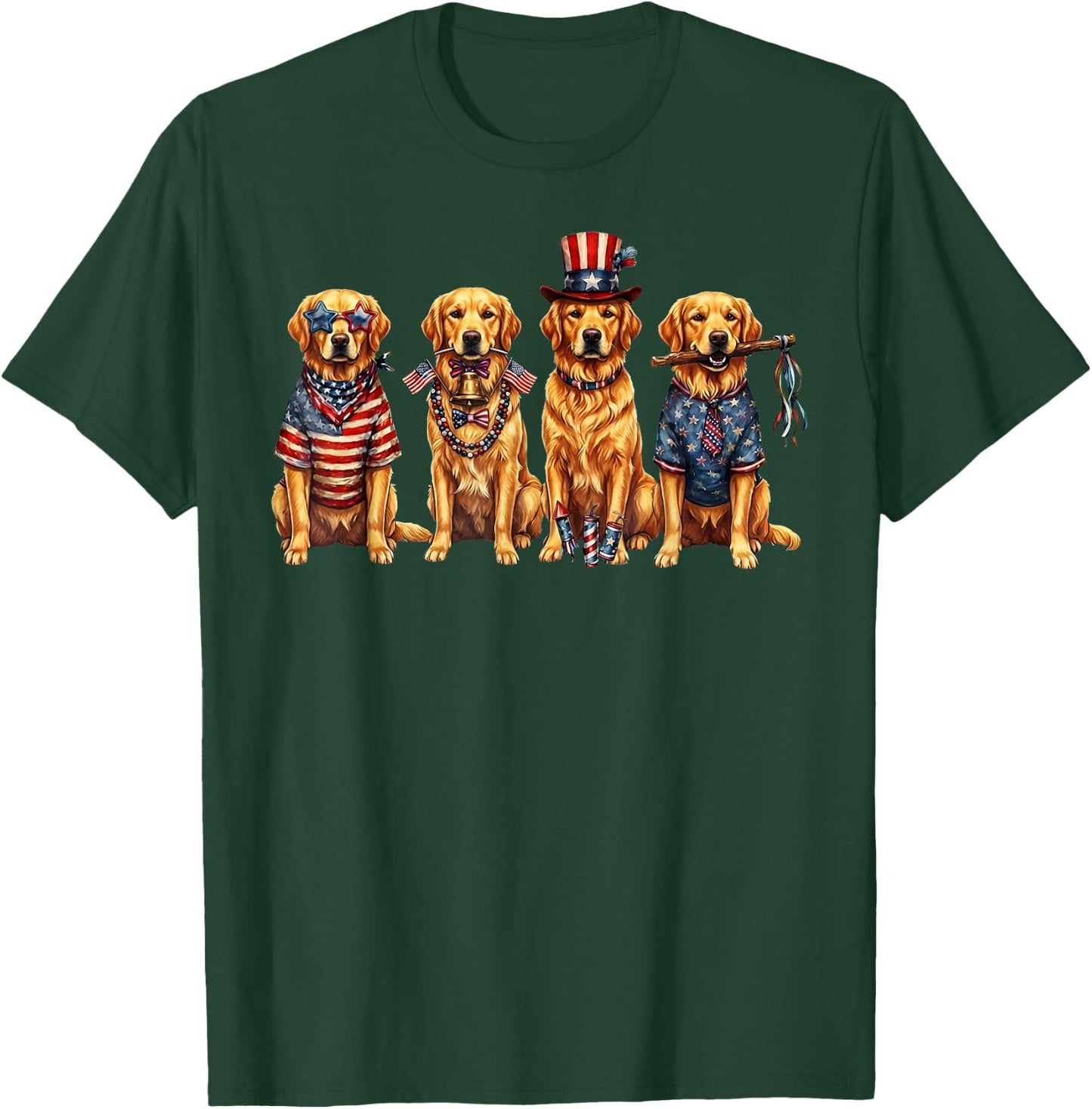 Four Golden Retriever Dogs Patriotic American Flag T-Shirt - T-Shirt | Forest
