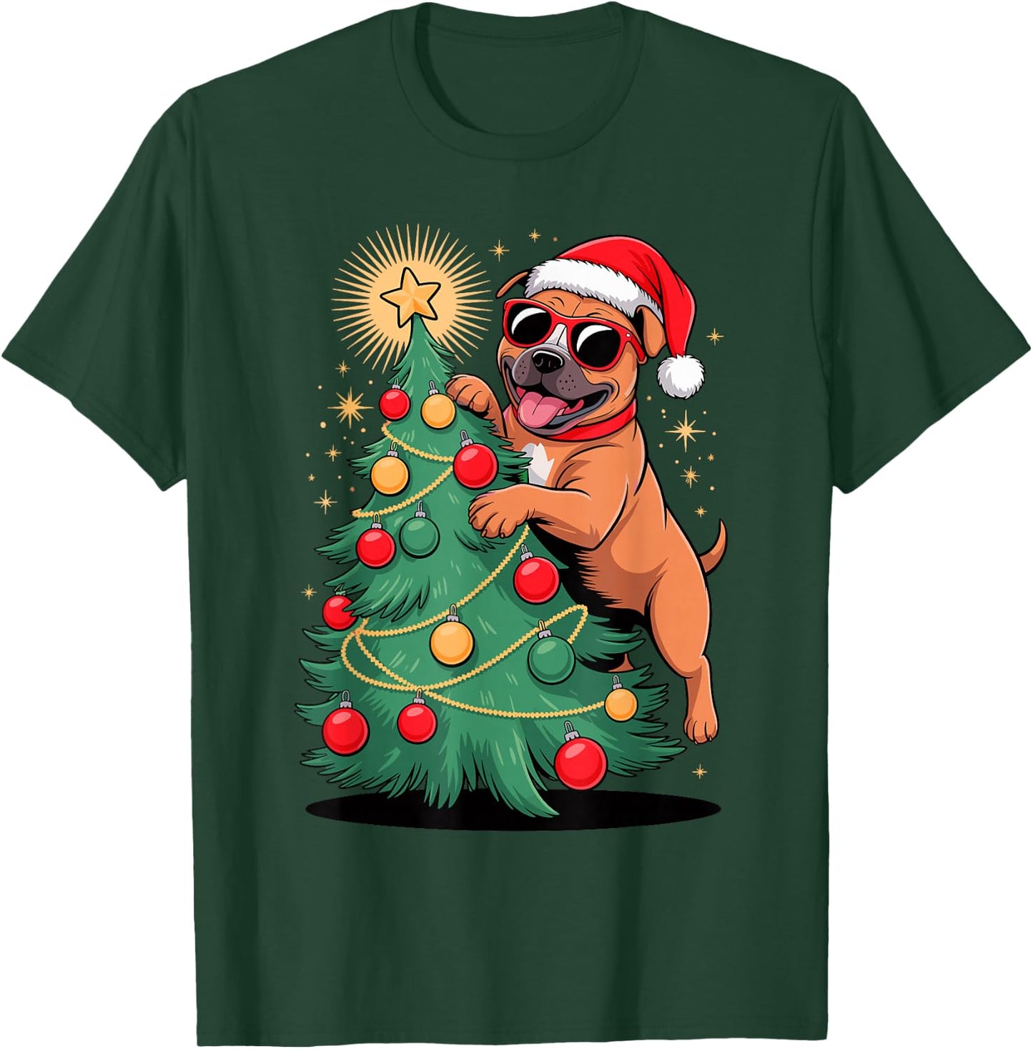 Christmas Tree Staffordshire Bull Terrier Sunglasses Staffy T-Shirt - T-Shirt | Forest