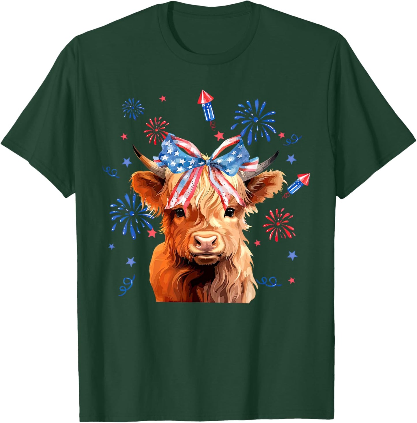 Coquette Highland Cow 4th Of July Patriotic Cute Animal T-Shirt - T-Shirt | Forest