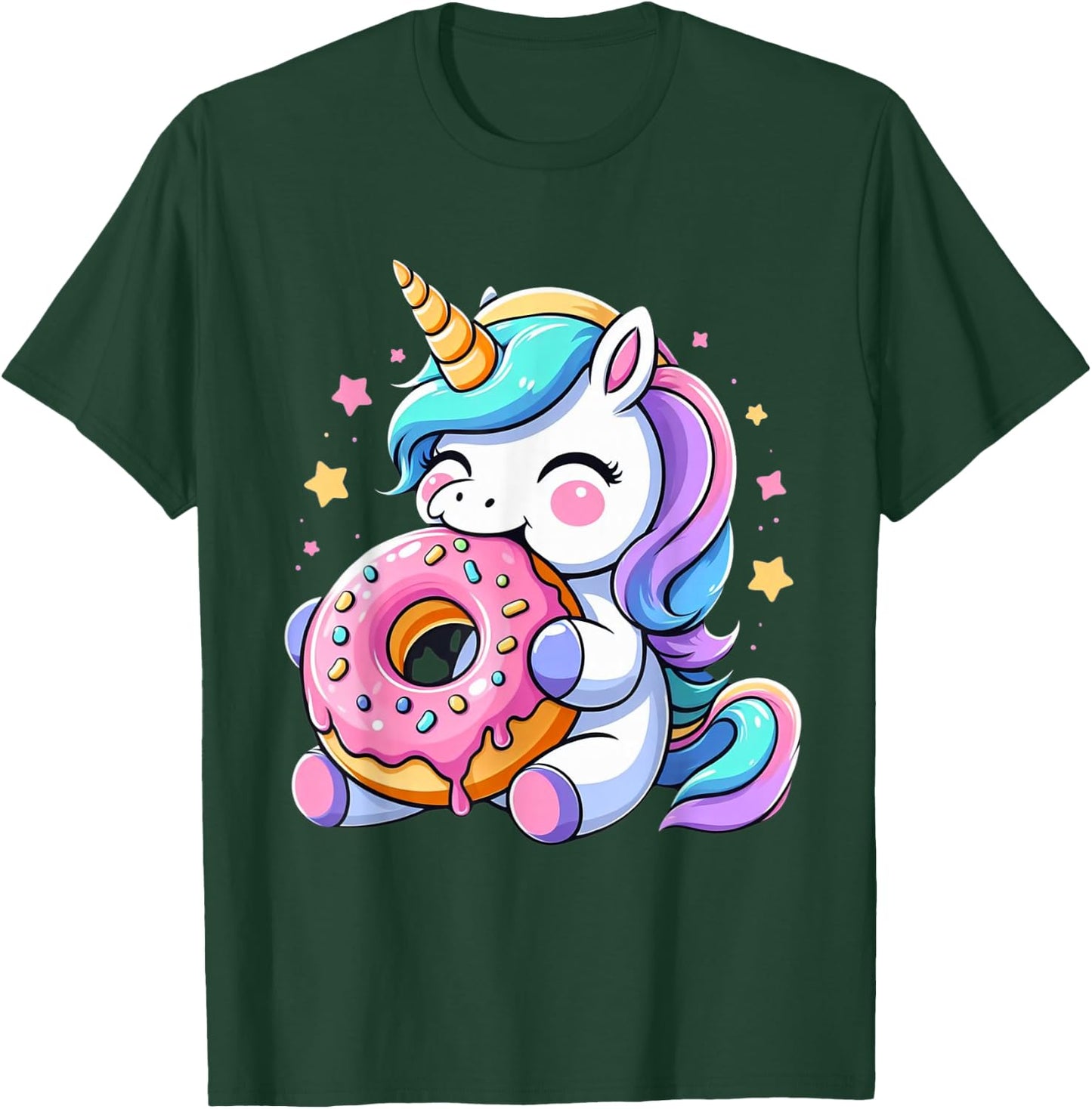 Cute Hungry Unicorn Eating Donut Boys Girls Men Women Kids T-Shirt - T-Shirt | Forest