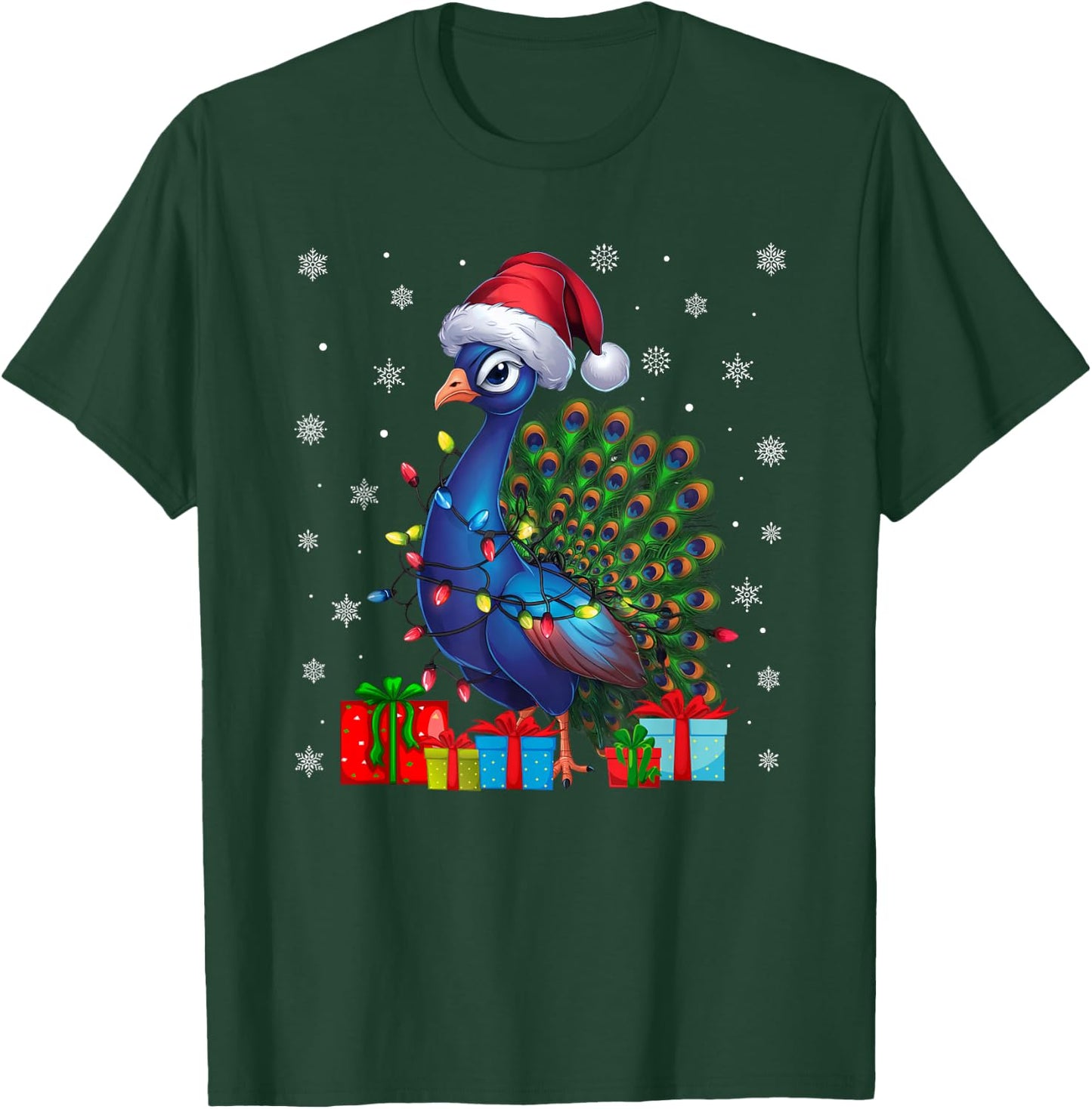 Peacock Ugly Xmas Lights Santa Hat Peacock Christmas T-Shirt - T-Shirt | Forest