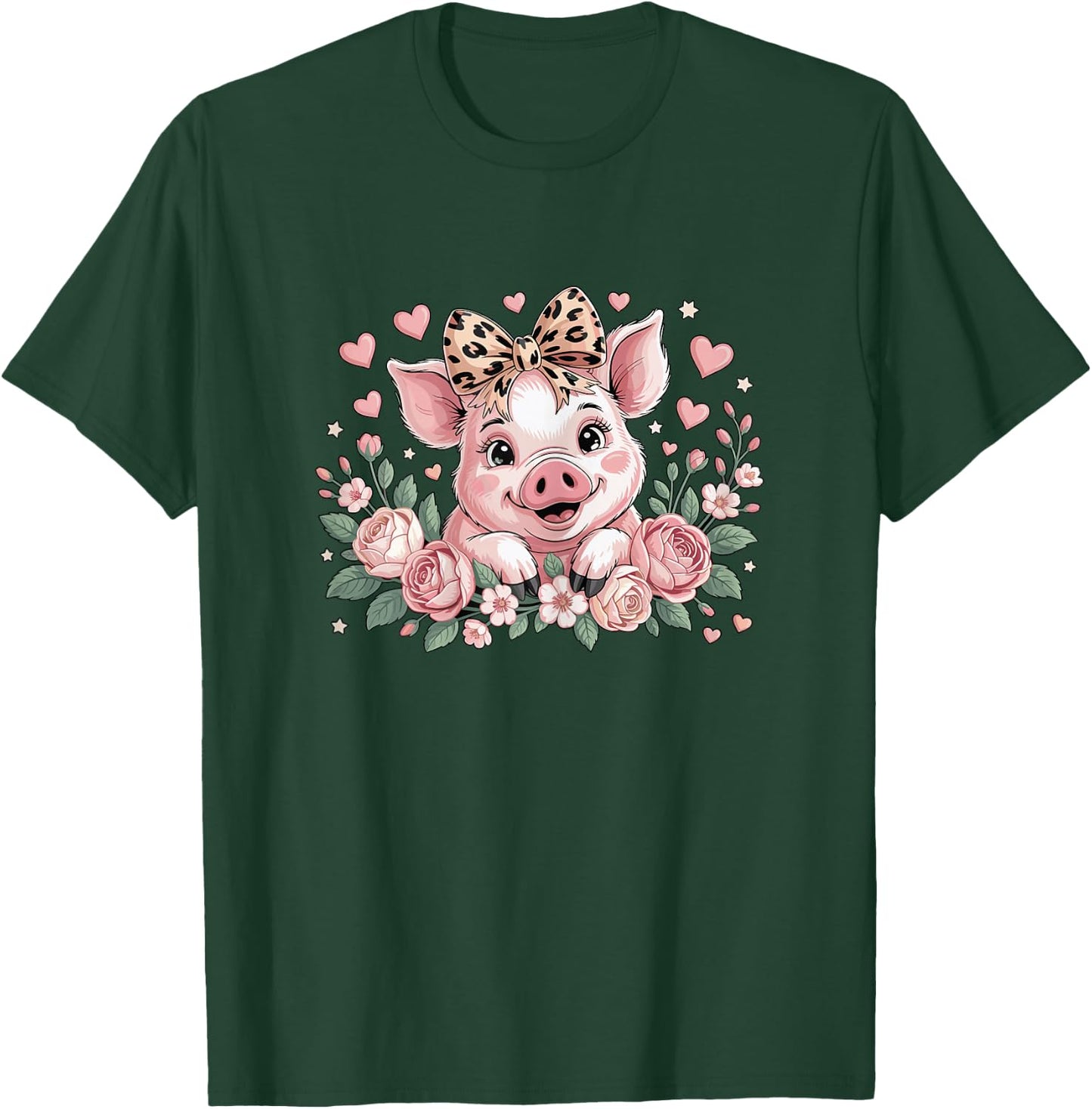 Pig With Leopard Headband Flower Cute Pig Lover Girls Kids T-Shirt - T-Shirt | Forest