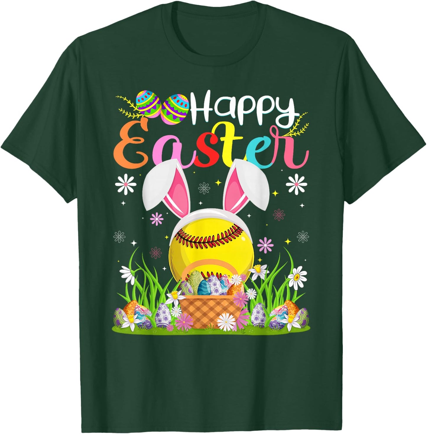 Softball Player Easter Egg Hunt Bunny Ear Softball Easter T-Shirt - T-Shirt | Forest