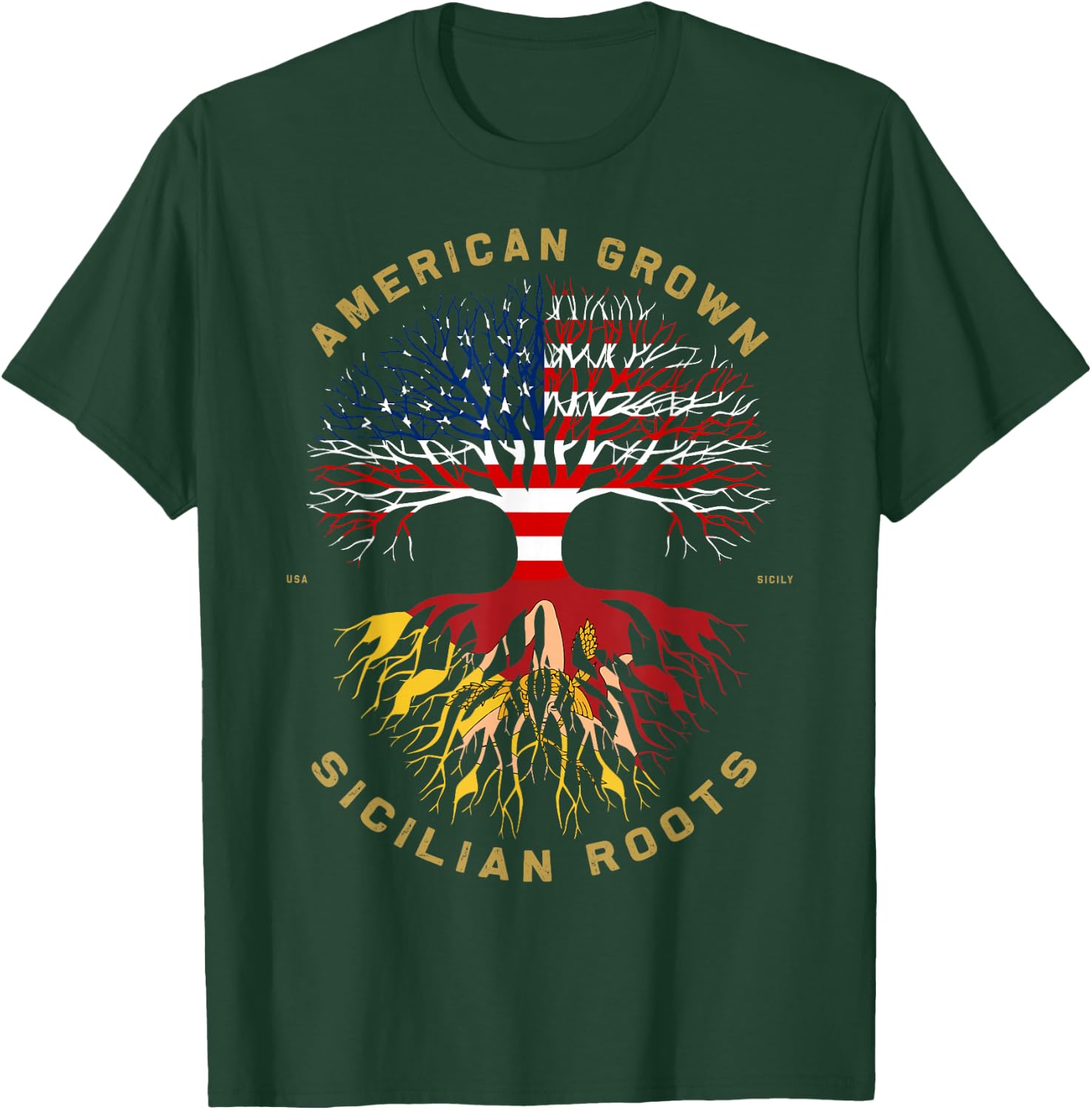 American Grown with Sicilian Roots Tree USA Flag Gifts Idea T-Shirt - T-Shirt | Forest