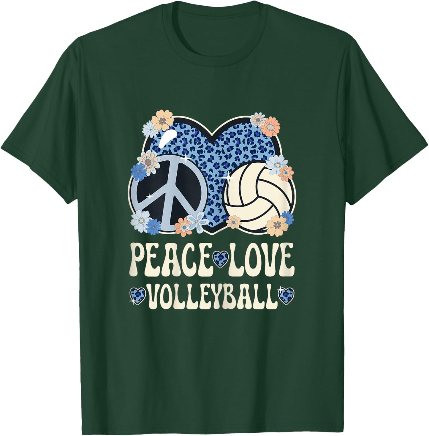 Peace Love Volleyball Lover Leopard Print Women Volleyball T-Shirt - T-Shirt | Forest
