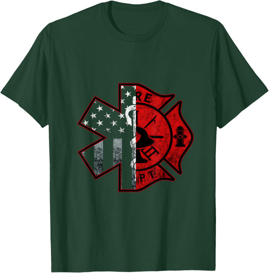 Firefighter Paramedic Symbol American Flag Fireman Fire T-Shirt - T-Shirt | Forest
