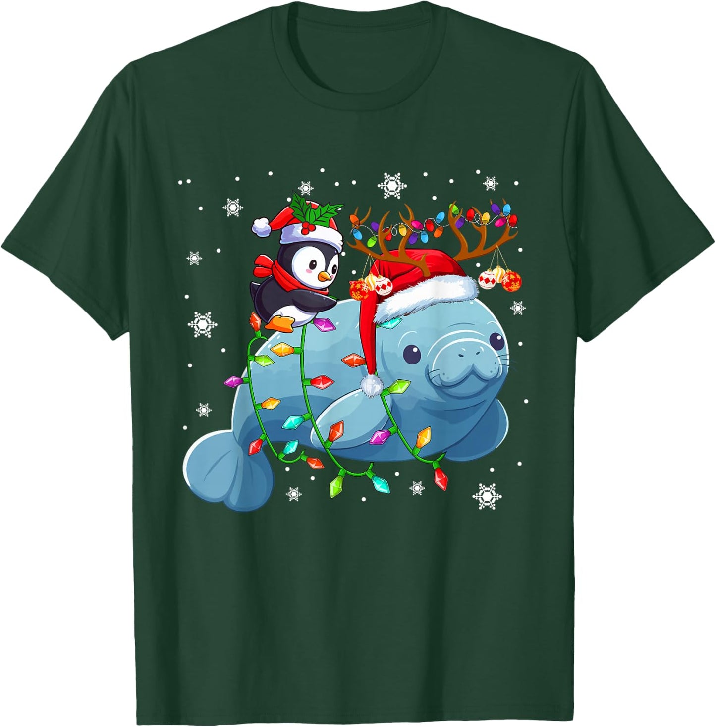 Santa Penguin Riding Reindeer Manatee Christmas Sea Animals T-Shirt - T-Shirt | Forest