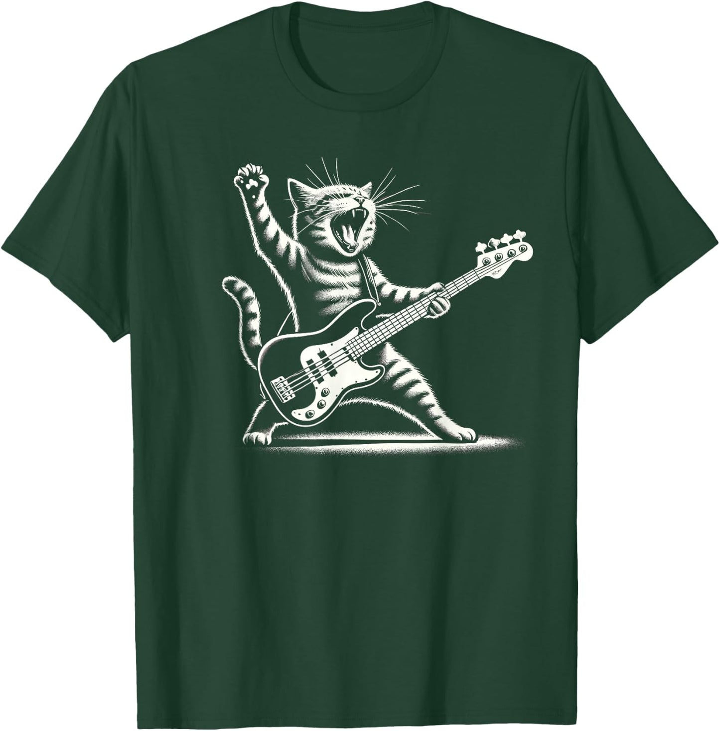 Rock Cat with Electric Bass Guitar Four Sides Bass Player , Black, S T-Shirt - T-Shirt | Forest